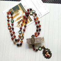 Vente en gros de pendentifs en verre vintage argenté, cabochon, Vierge Marie, chapelet, perles d'agate, pour femmes, prière, église catholique, cadeau européen