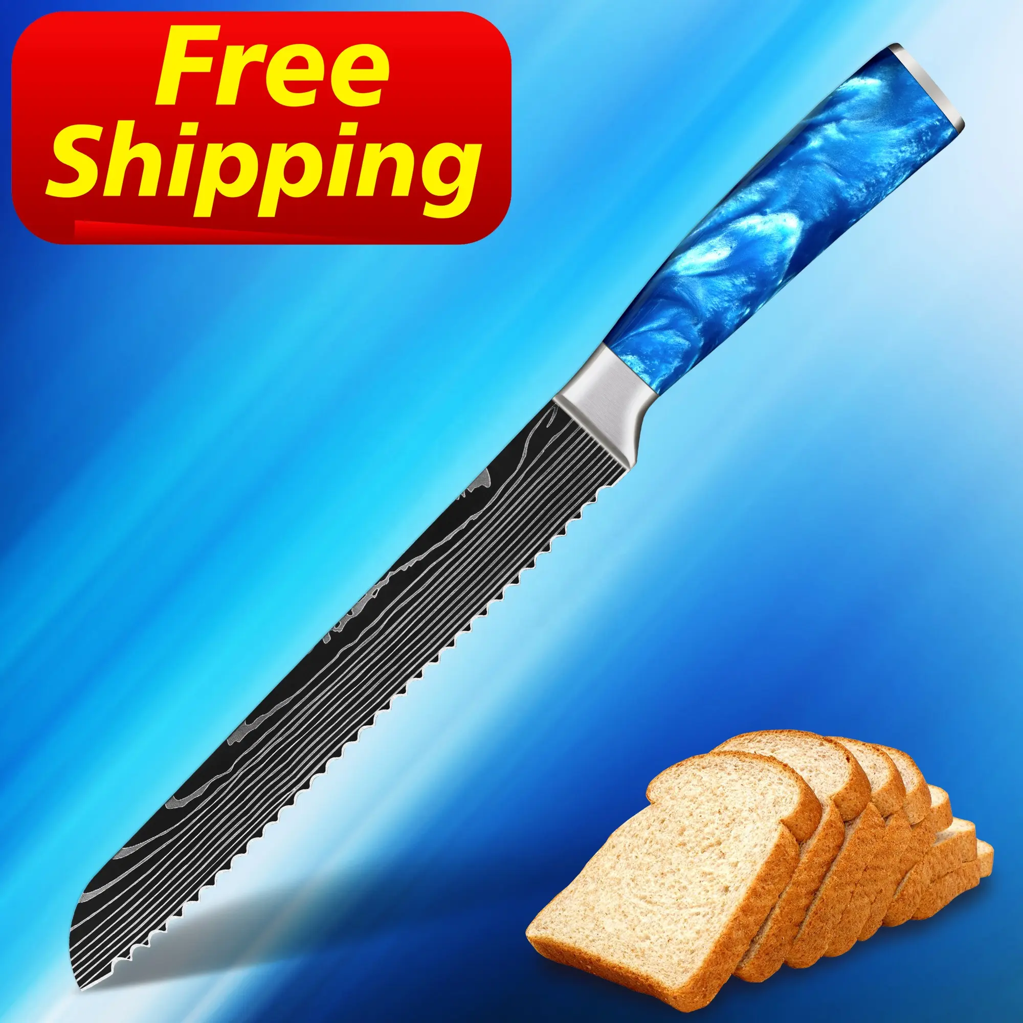 Free Shipping Sapphire Blue Resin 8 inch damascus bread cutting knife crafted bread knives wooden handle copper bread knife