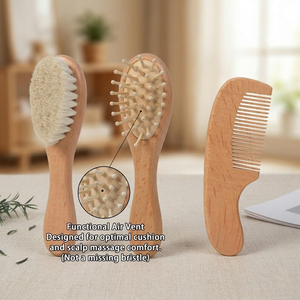 Prêt à expédier : Ensemble de 3 brosses et peignes à <span class=keywords><strong>cheveux</strong></span> pour bébé en bois naturel, poils doux de chèvre, <span class=keywords><strong>brosse</strong></span> de massage du cuir chevelu pour nouveau-nés - Product Image 1