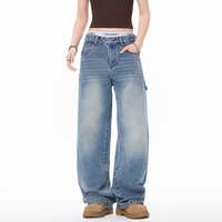 Pantalon en jean bleu délavé style couteau courbé pour homme, coupe droite ample et polyvalente, style streetwear tendance, jambe large