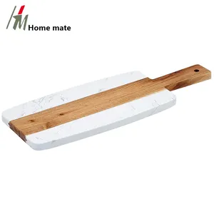 New Trend 38x15cm Real Bamboo Wood and Marble Party Plate Tray with Wooden Handle