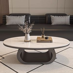 Tavolino <span class=keywords><strong>da</strong></span> Caffè di Lusso in Pietra Sinterizzata Ovale con Struttura in Metallo, Arredamento Moderno Minimalista per Soggiorno, Appartamento e Casa - Product Image 2