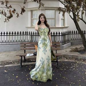 Beyouare 2026 New Monet Green Garden Dress Empire Waist Square Collar Floral Print Long Casual Dress For Travel Leisure - Product Image 2