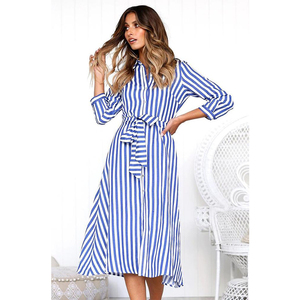 Robes chemise décontractées pour femmes à rayures coréennes de haute qualité, longueur genoux, manches longues, avec ceinture à la taille - Product Image 1