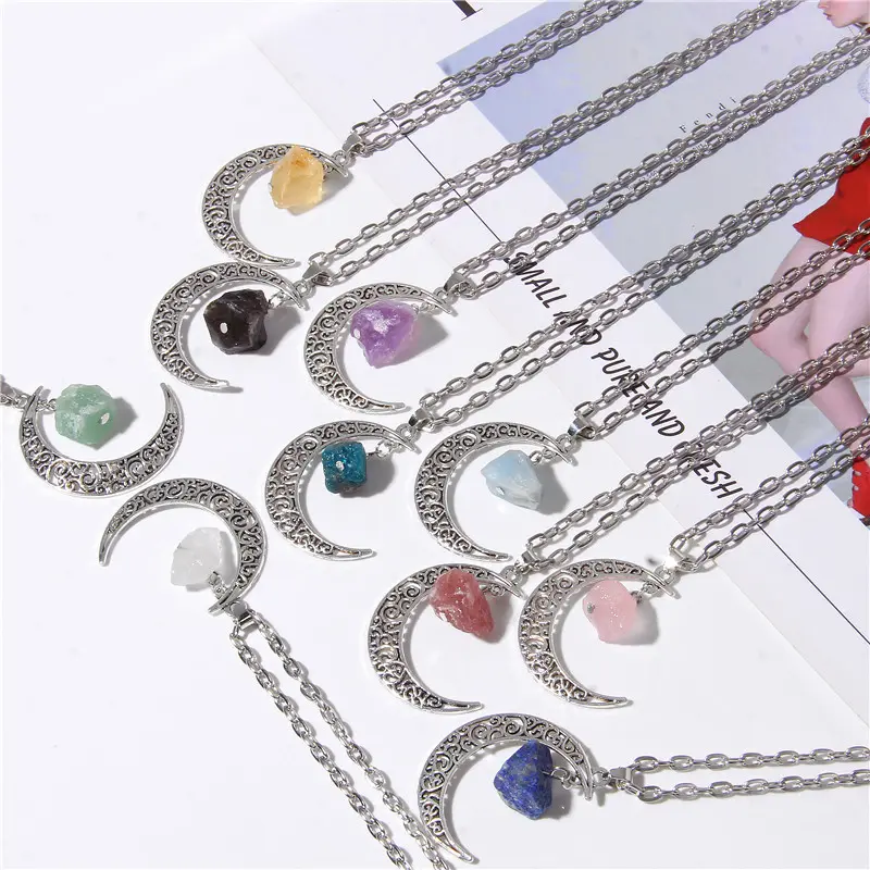 Amazon Hot Sale Jewelry Natural Stone Crystal Necklace Starry Sky Moon Gemstone Pendant Moon Necklace For Women