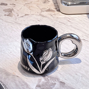 Tazza da Caffè in Ceramica di Lusso con Motivo <span class=keywords><strong>a</strong></span> <span class=keywords><strong>Tulipano</strong></span> e Manico Argentato, Tazza per Acqua con Fiori in Rilievo 3D, 400ml, Tazza da Tè in Porcellana - Product Image 4