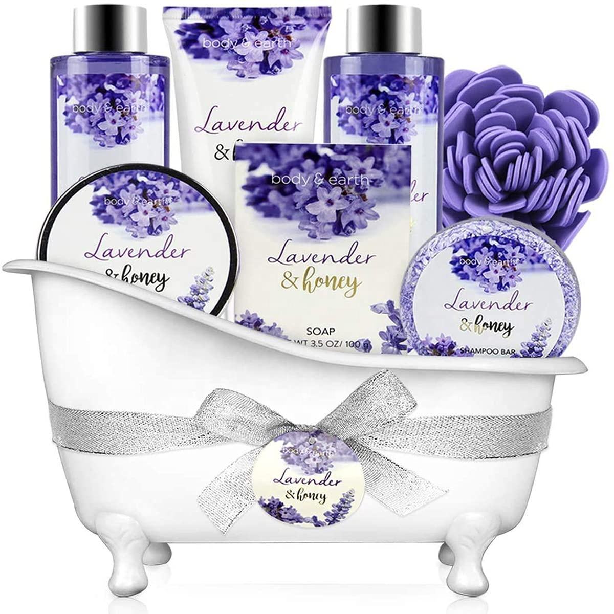 Women Bath Set Spa Gift Baskets Lavender&Honey Scent with Bubble Bath Shower Gel Body Lotion Bath Salt