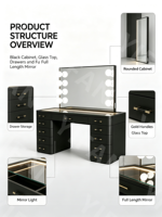 Coiffeuse et commode de luxe moderne en panneaux de bois, finition noire brillante, quincaillerie dorée, éclairage LED, rangement, miroir amovible pour chambre à coucher