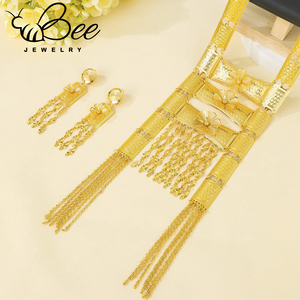 Juego de Joyería Hipoalergénica para Novia, Estilo Dubái, con Borlas Nigerianas, Oro Asiático de 24K, Collar Largo y Aretes - Product Image 4