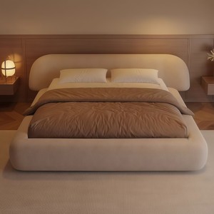 Letto Matrimoniale Moderno Minimalista in Lino Lussuoso con Rivestimento in Velluto Crema per Camera da Letto Principale, Letto Nuziale con Rivestimento Morbido Avvolgente - Product Image 2