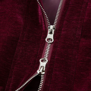 Wholesale Vintage Burgundy <b>Velvet</b> <b>Jacket</b> <b>For</b> <b>Men</b> Contrast Faux Leather Collar Full Zipper Cropped Streetwear Coat - Product Image 6