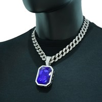 PD3079 Collier avec grand pendentif en pierre et collier carré coloré tendance, chaîne cubaine Hip-Hop pour homme entièrement sertie de diamants, 18 pouces
