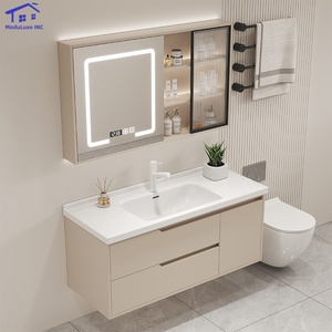 Juego de tocador de baño rectangular de lujo con lavabo de cerámica y espejo LED Instalación sobre mostrador para baños domésticos modernos - Product Image 3