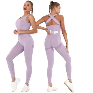 European Seamless Sexy Peach Hip Pocket Compression Spandex Fitness Jumpsuit Sports Tight Yoga Pants 1 Piece Jump Suit