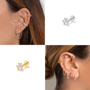 ROXI 16G Triple Zircon Diamond S925 <b>Sterling</b> <b>Silver</b> <b>Stud</b> Earrings Flat Head Thread Piercing Cartilage Earrings - Product Image 6