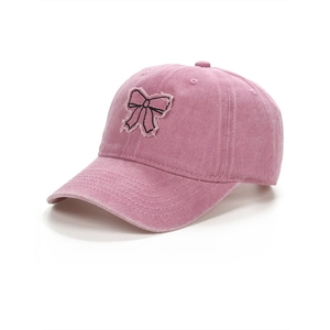 <b>Women</b> Pink Bow Design Baseball Caps 6 Panel Custom Snapback Vintage Washed Soft Cotton Baseball Caps - Product Image 1