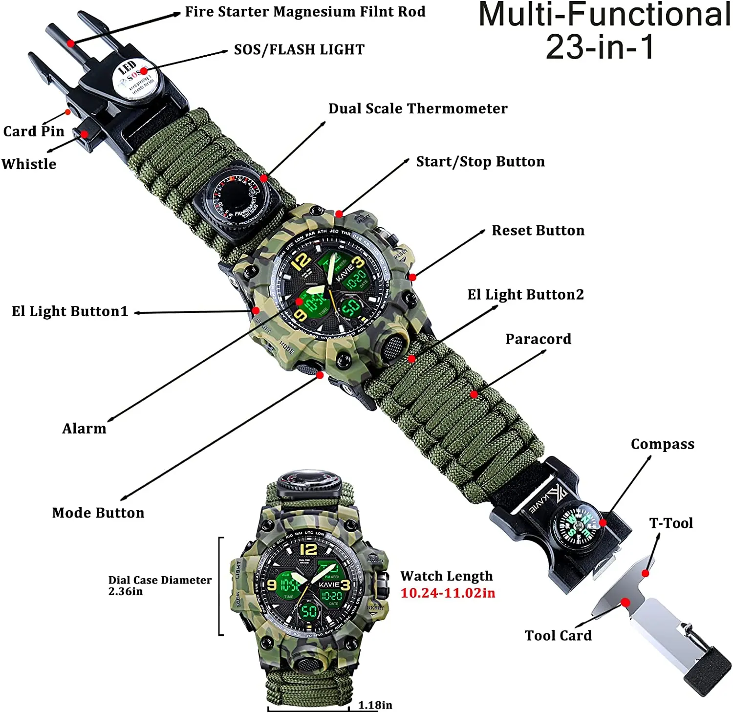 Multi funcional 5 em 1 Emergency Watch Outdoor Camping Climbing Wrist Watch Bússola Termômetro Relógios para homens