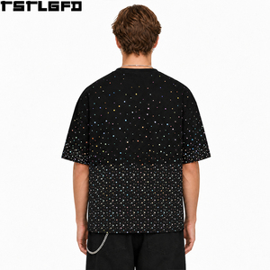 เสื้อยืดโอเวอร์ไซส์ทรงใหญ่ หนัก น้ำหนักมาก สำหรับผู้ชาย สีดำ ประดับเพชรหลากสีไล่เฉดสี คอกลม ขายส่ง - Product Image 2