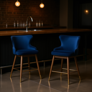 Ensemble de 2 tabourets de bar Leland, revêtement en tissu bleu, hauteur de comptoir, base en bois de style mid-century modern - Product Image 2