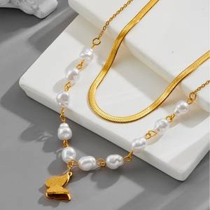 Collar de Acero Inoxidable con Diseño de Perlas Planas Doradas de Doble Capa para Mujer, Estilo Hip Hop, para Fiestas - Product Image 3