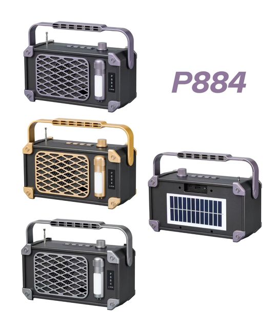 P884 Retro Solar-powered FM Radio with Antenna, Wireless Blue-tooth Speaker, Outdoor Party, Camping and Emergency Light 10W BASS