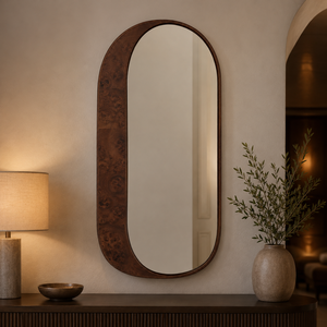 Specchio da Parete in Legno Scuro con Cornice Asimmetrica a Mezzaluna per Hotel e Arredamento di Lusso, Vendita all'Ingrosso - Product Image 1