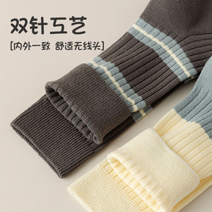Women's Double Needle Embroidered Gray Blue Cotton Crew Socks Sweat Absorbent Breathable Striped Casual Autumn Wear - Product Image 3