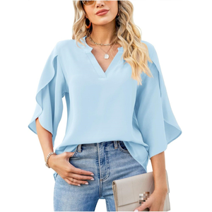 Blus Wanita Musim Panas 2025 Kerah V Warna Solid Bahan Chiffon Lengan Pendek Laris Manis Fashion Berkualitas Tinggi Kasual - Product Image 6