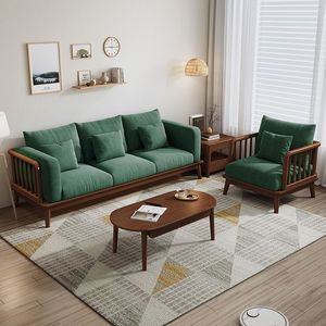 Conjunto de Sofás Modernos Minimalistas em Madeira Sólida e Tecido Estilo Wabi-sabi Creme 1+2+3 para Apartamento Pequeno - Product Image 6