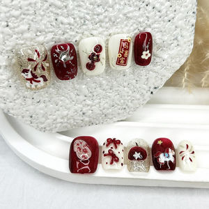 10 Pièces Ongles Press-On Faits Main pour l'Ambiance Festive du Nouvel An Chinois, Paillettes Dorées, Motifs Fleur de Prunier, Pomme, Cheval, Demi-Couverture, Forme Amande - Product Image 3