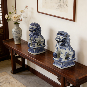 Décoration de salon en céramique écologique faite à la main, style Art déco, motif de lions de temple, porcelaine bleue et blanche - Product Image 6