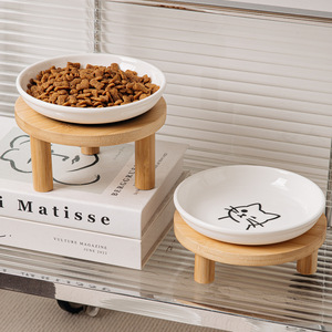 Bamboo Frame Cat Bowl <b>Ceramic</b> Pet Bowl 6 Inch Anti Tipping Water Bowl For Cats - Product Image 1