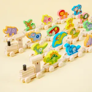 Çocuklar için eğitici ahşap oyuncak mini bağlama tren dinozor ve hayvan yapı taşı