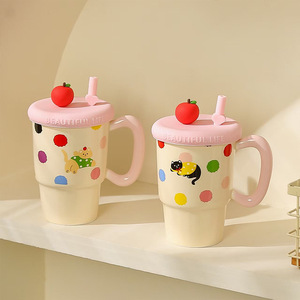 Kawaii Cat Coffee <b>Mug</b> Polka Dot <b>Ceramic</b> <b>Mug</b> with Lid and Straw - Product Image 5