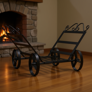 Support à bois décoratif en acier avec roulettes, porte-bûches pour accessoires de cheminée, noir, rectangulaire, style classique, revêtement poudré - Product Image 2