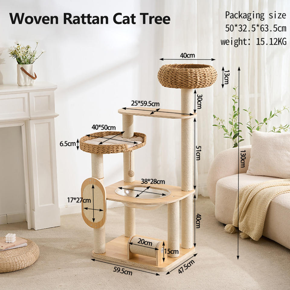 Modern Rattan Cat Tree with Curved Wood Frame Dual Basket Beds ...