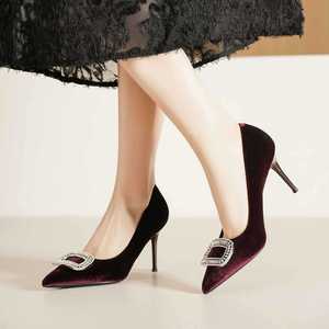 6681N-198 Zapatos de Tacón de Terciopelo con Punta Puntiaguda, Tacón de Aguja, Hebilla con Pedrería, Zapatos de Novia, Tacón Alto, Tendencia de Moda, Color Sólido - Product Image 2