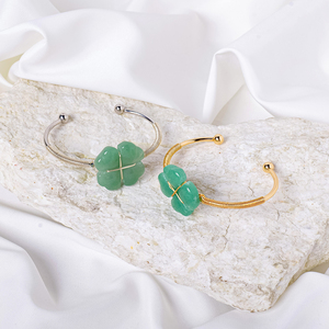Bracciale a quadrifoglio in avventurina verde naturale all'ingrosso, regolabile, placcato oro e argento, bracciale aperto per gioielli portafortuna - Product Image 5