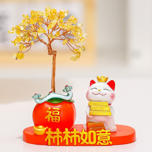 Figurine de chat porte-bonheur en résine avec arbre en cristal, décoration de bureau, cadeau du Nouvel An chinois avec arbre à monnaie et impression en relief artisanale - Product Image 4