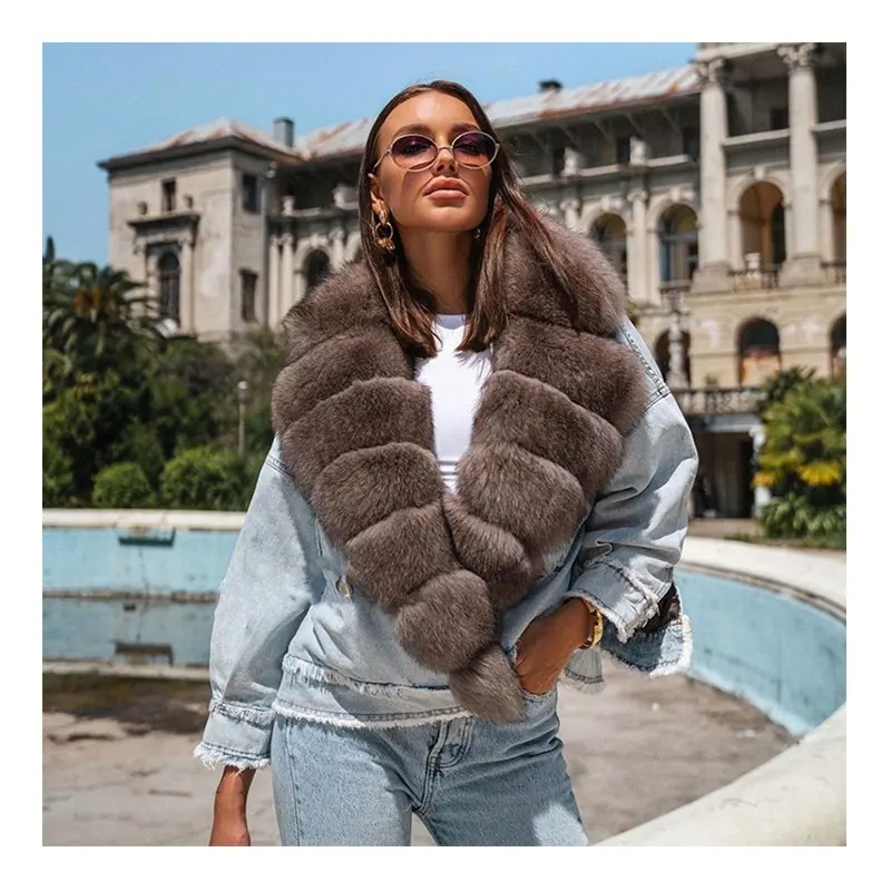 Jancoco-Parka corta cálida para invierno, chaqueta de piel vaquera Real para mujer, abrigos con cuello de piel de zorro