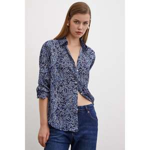 Camisa de Satén para Mujer, Estampado Floral, Azul Marino, Cierre de Botones, Uso Diario Informal - Product Image 1