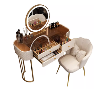 <strong>White</strong> Wooden King Size <strong>Bedroom</strong> Set with Side Cabinet Smart Makeup Mirror 3 Glass <strong>Drawers</strong> Wardrobe Dressing Table-Modern Design - Product Image 4