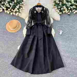 Vestido Midi Casual de Verano para Mujer, Estilo Vintage, Tejido con Estampado Digital, Cuello Polo, Cintura Imperio, Manga Larga, Silueta en A - Product Image 2