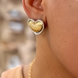 Boucles d'oreilles clous en acier inoxydable en forme de cœur, bicolores or et argent, élégantes et tendance, bijoux cadeau pour femme - Product Image 3