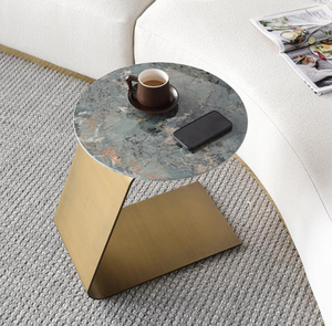 Table de chevet de canapé, peinture doré trempé, petite Table basse ronde en marbre, acier inoxydable, élégant - Product Image 4
