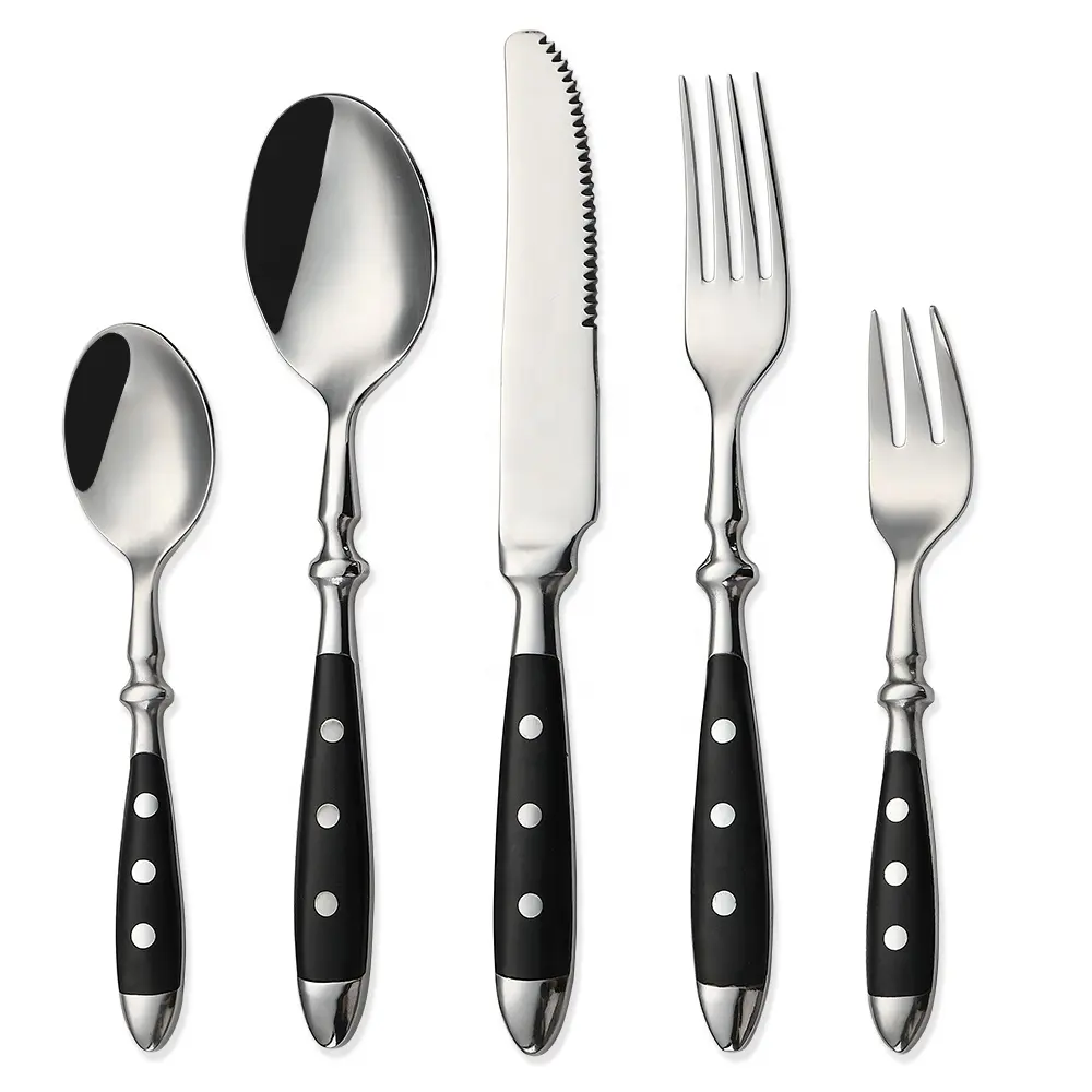 Ensemble de couverts en acier inoxydable, forgé noir, rivets de haute qualité, cuillère fourchette couteau ensemble de vaisselle avec manche en bakélite