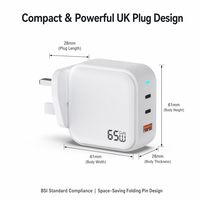 Chargeur rapide compatible 65W Gan double port USB-C PD 3.0 pour téléphones portables, ordinateurs portables, tablettes, appareils photo et montres connectées, adaptateur secteur UK