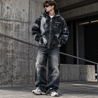Sweat à capuche vintage délavé à fermeture éclair intégrale, coupe courte, ourlet brut, en coton denim tissé, poids lourd, imprimé graphique sur toute la surface, style streetwear
