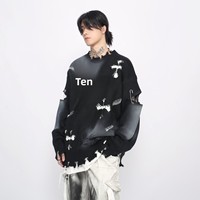 Pull tricoté Penpace style urbain, effet vieilli, motif troué, design croisé, look vintage audacieux, coupe ample et tendance