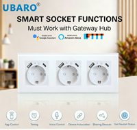 Prise intelligente UBARO Zigbee 3 gangues, norme européenne, avec ports de charge rapide USB A+C, panneau en verre trempé, maison intelligente